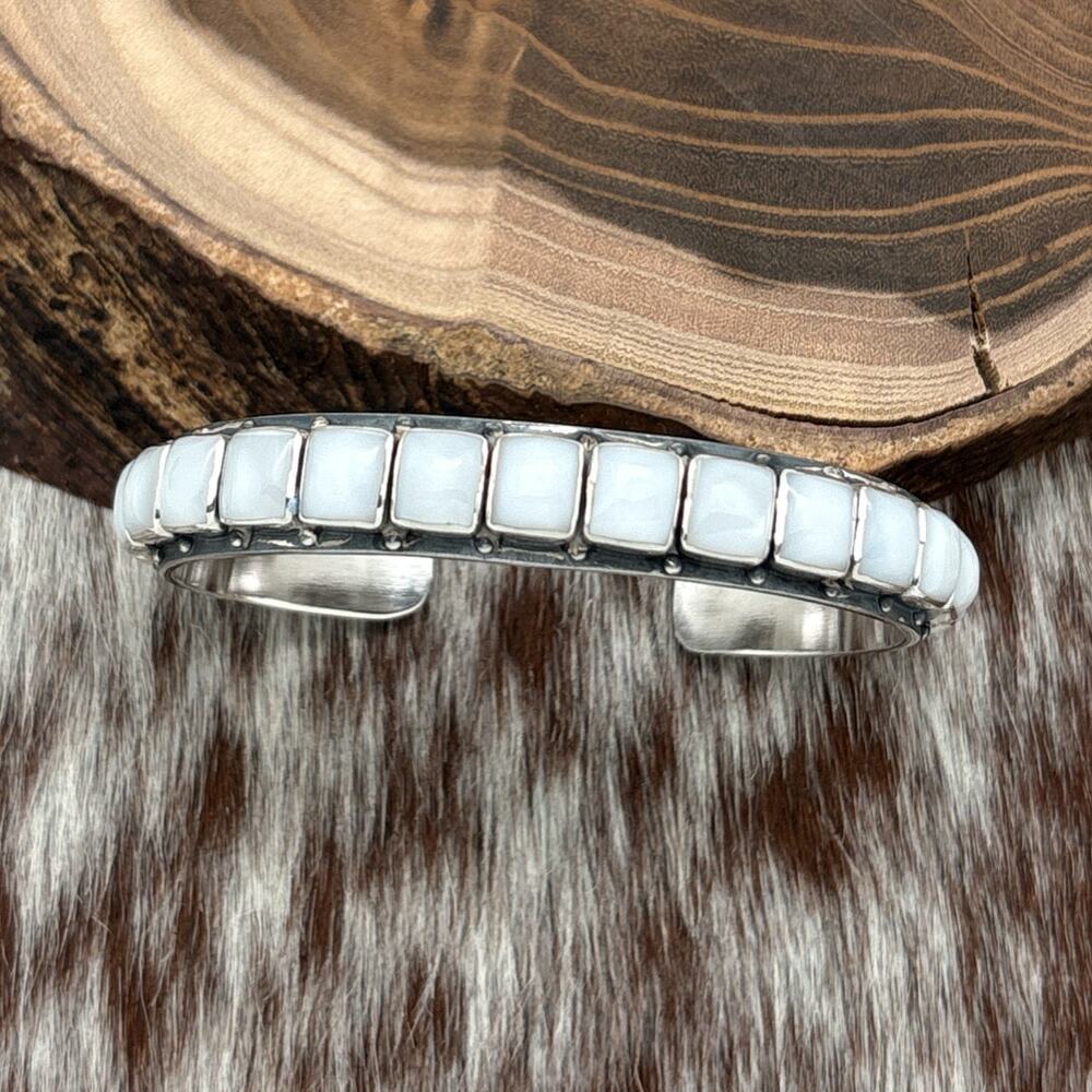 FEDERICO JIMENEZ Sterling Silver & Mother Of Pearl 21-Stone Cuff Bracelet Stamps